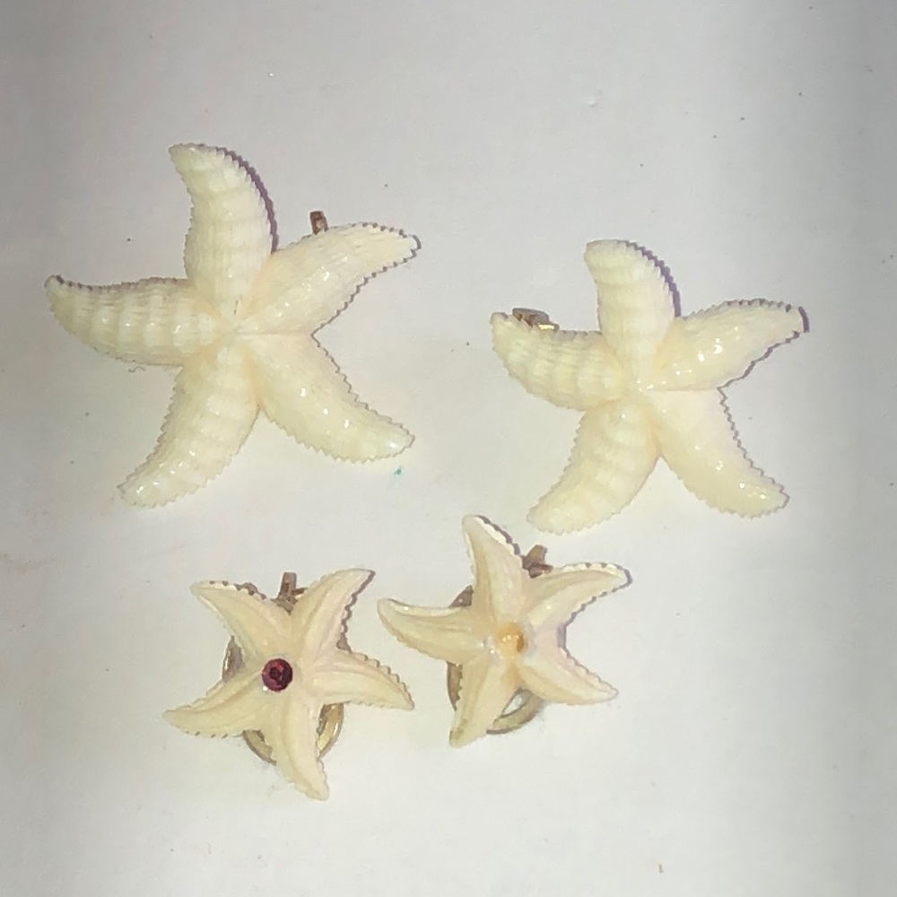 Vintage Carved Cream Starfish Earrings and Pins Set